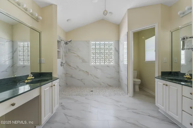 a bathroom with a granite countertop sink a toilet and a shower