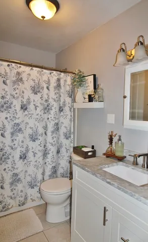 a bathroom with a granite countertop sink and a toilet