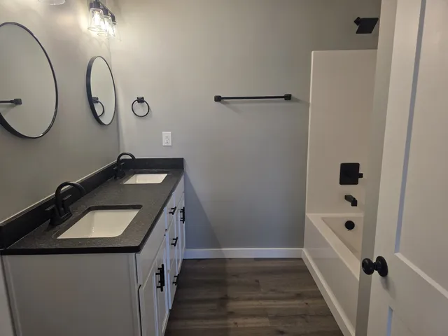 a bathroom with a sink and a mirror