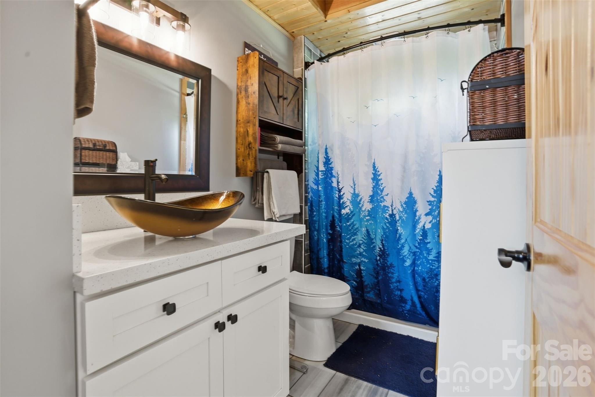 4473 Ridge Street Claremont, NC 28610 - Photo 11 of 26 a bathroom with a granite countertop sink a toilet a mirror and shower