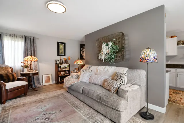 a living room with furniture flowerpot and a chandelier