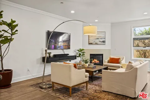 a living room with furniture a fireplace and a potted plant