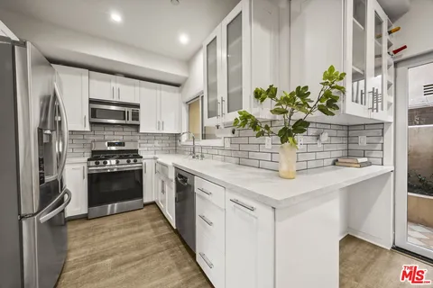 a kitchen with stainless steel appliances a sink counter space cabinets and a potted plant