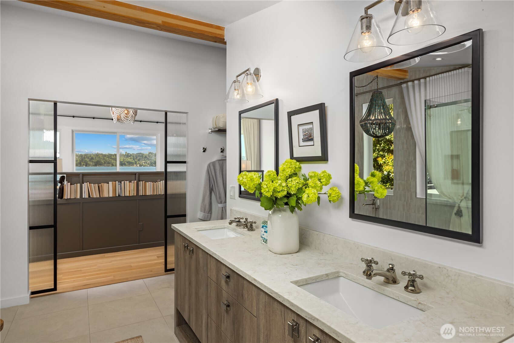 8097 West Mercer Way Mercer Island, WA 98040 - Photo 21 of 40 a bathroom with a granite countertop sink and a mirror