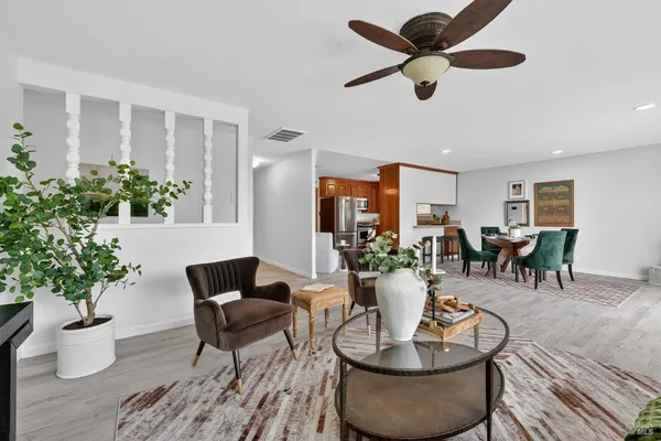 a view of a dining room with furniture