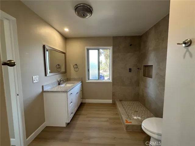 a bathroom with a sink a toilet and mirror