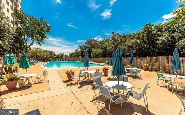 a view of a swimming pool with a yard