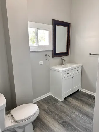 a bathroom with a sink toilet and mirror