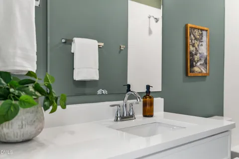 a bathroom with a sink a vanity and a potted plant