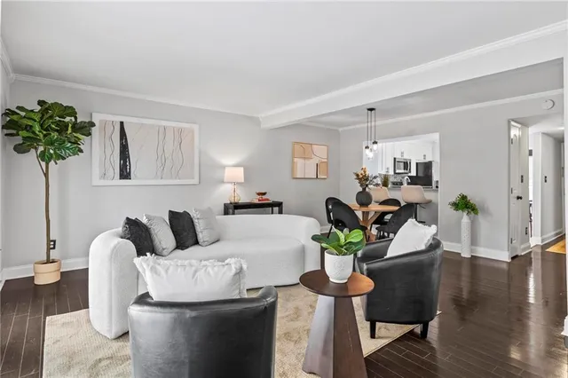 a living room with furniture potted plant and a window
