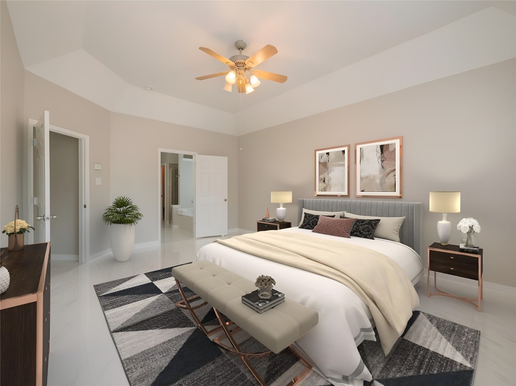 406 Primavera Loop Kyle, TX 78640 - Photo 16 of 38 a bedroom with a bed and a chandelier