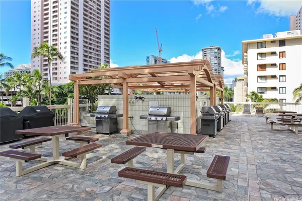a building outdoor space with patio furniture