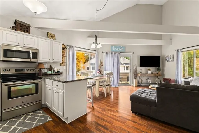 a living room with stainless steel appliances furniture and a flat screen tv