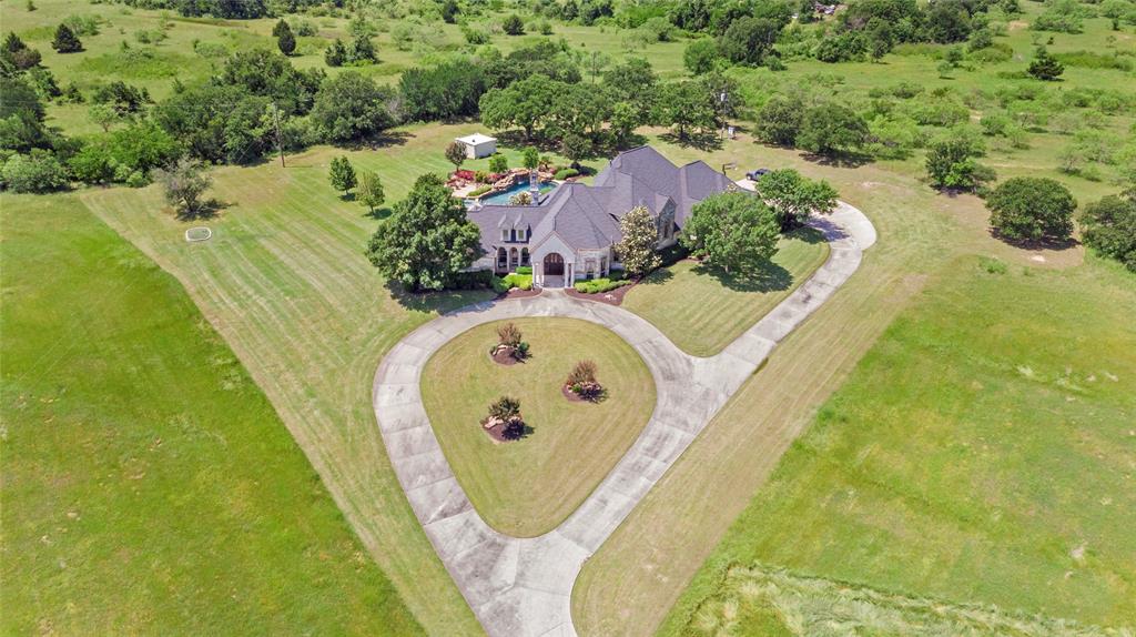 an aerial view of a swimming pool