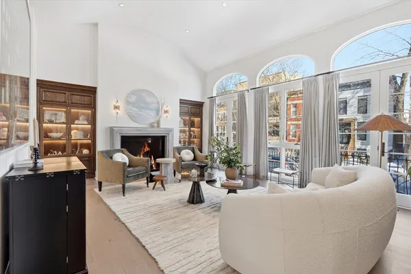 a living room with furniture potted plant and a fireplace