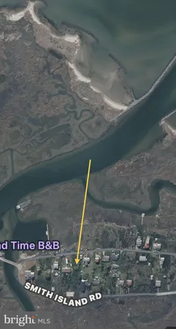 a view of a field with an ocean and trees in the background