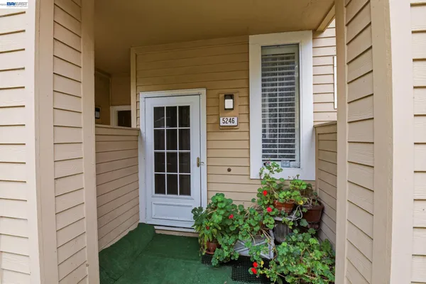a view of house with a yard and potted plants
