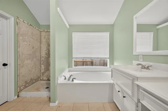 a bathroom with a tub sink shower and mirror