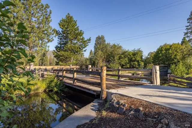 a view of a yard with wooden fence