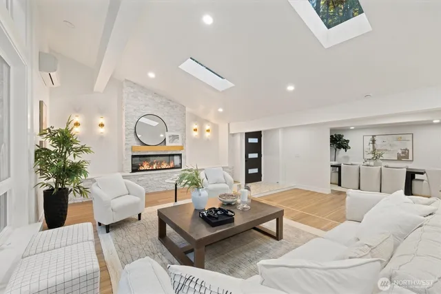 a living room with furniture a rug and a potted plant