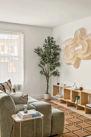 a living room with furniture and a potted plant
