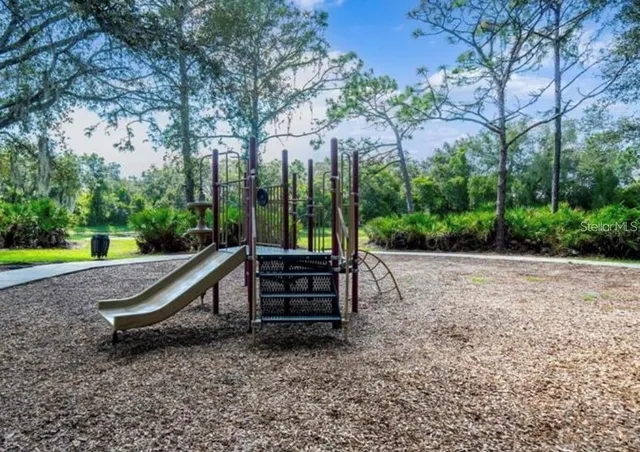 a view of park with large trees