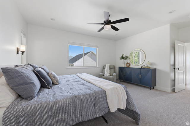 441 South 2080th Street East Springville, UT 84663 - Photo 19 of 64 Bright room featuring light gray carpet, white walls, a single window, recessed lighting, and a ceiling fan with light fixture