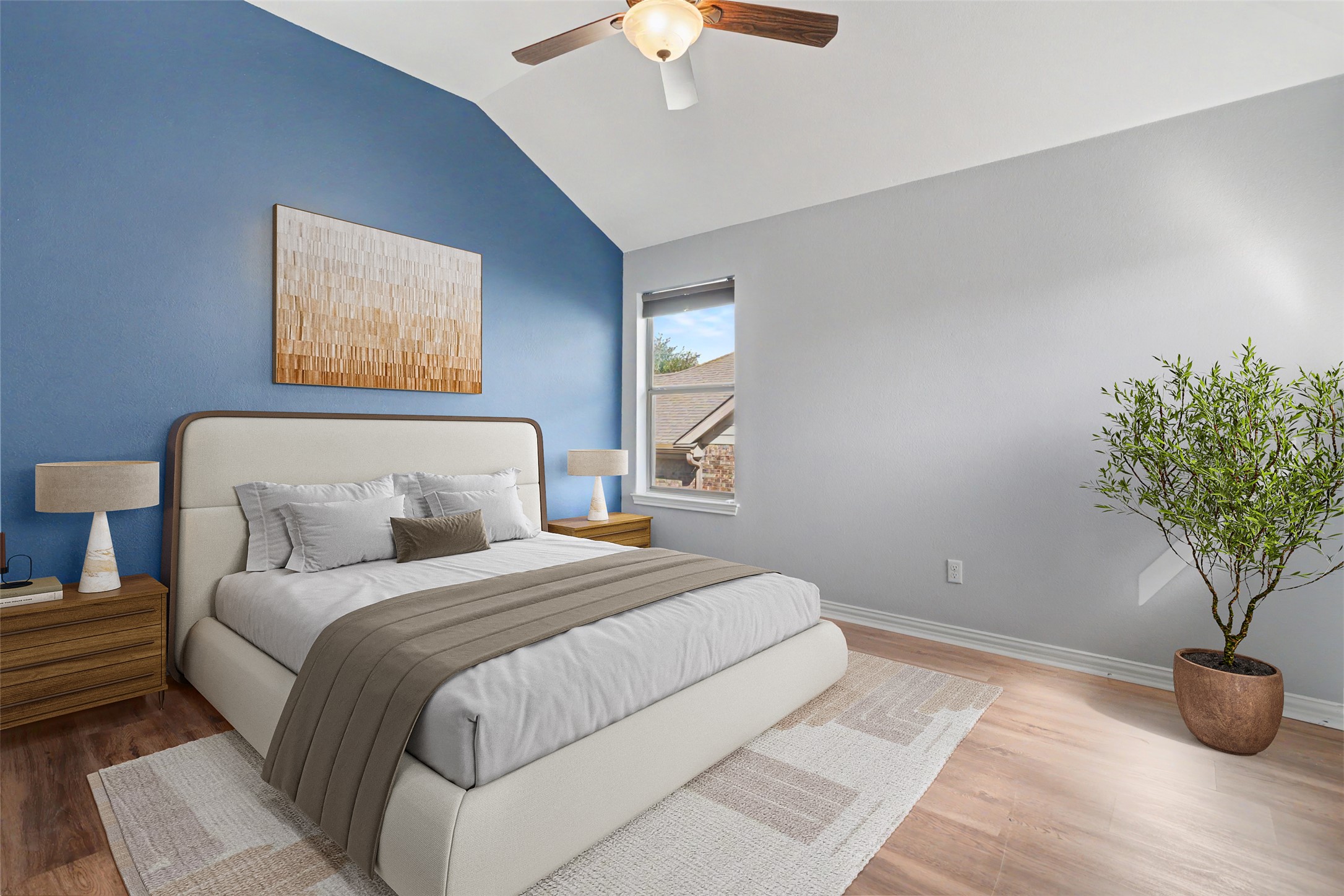 1020 Winding Way Drive Georgetown, TX 78628 - Photo 20 of 32 Bedroom featuring light wood-style floors, vaulted ceiling, and a ceiling fan