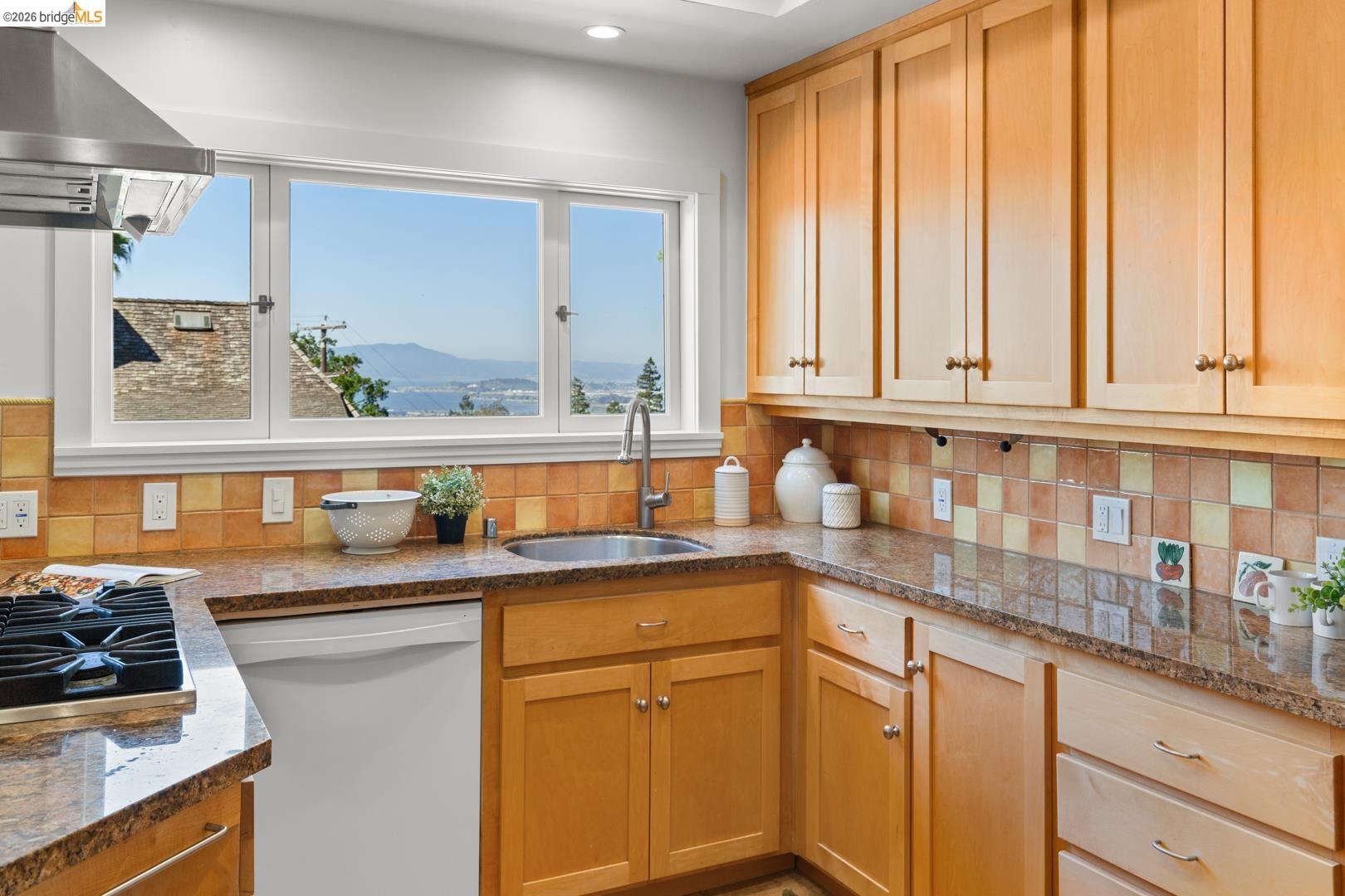 758 Spruce Street Berkeley, CA 94707 - Photo 19 of 60 Kitchen with dishwasher, extractor fan, backsplash, dark stone countertops, and recessed lighting