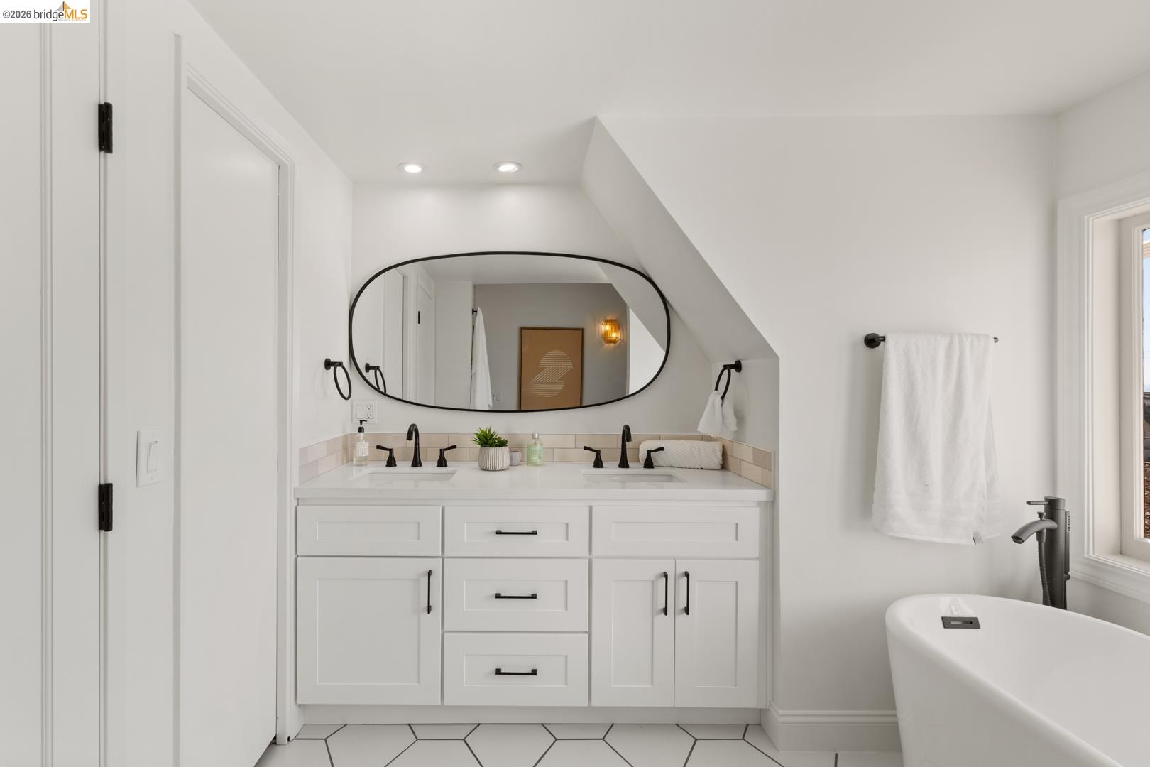 758 Spruce Street Berkeley, CA 94707 - Photo 29 of 60 Bathroom with a freestanding tub, double vanity, light tile patterned floors, and recessed lighting