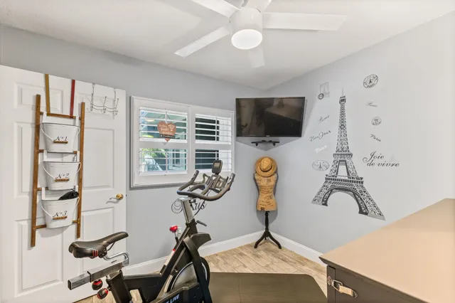 a view of a park with large trees