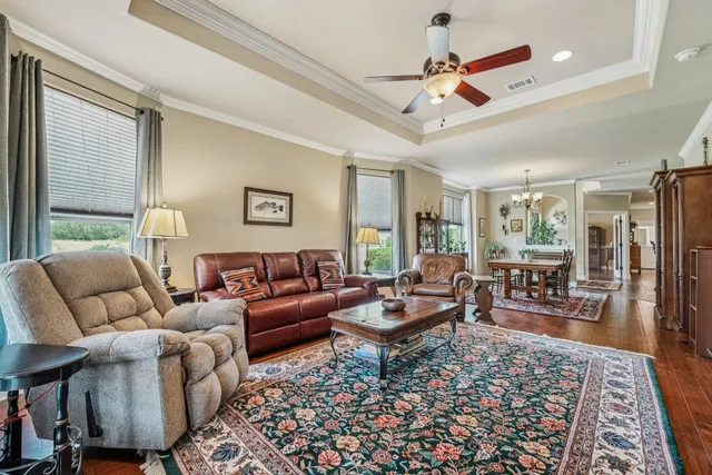 a living room with furniture and a rug