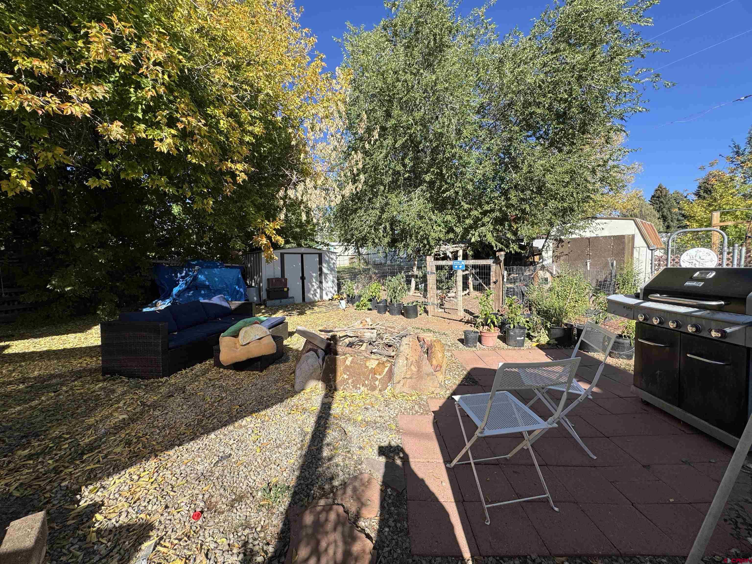8 West 10th Street Cortez, CO 81321 - Photo 11 of 24 a view of a backyard with table and chairs potted plants and a large tree