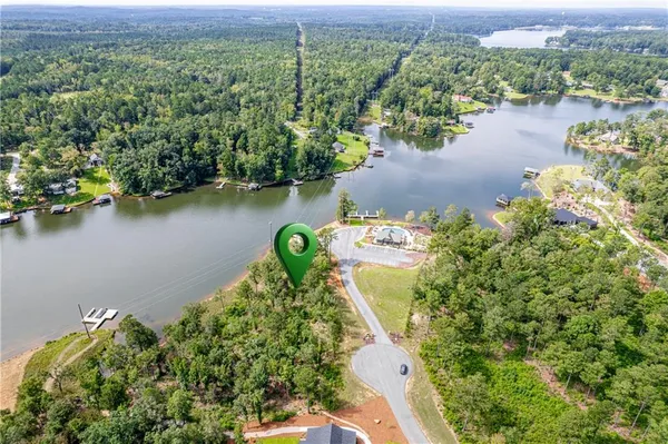 an aerial view of a house with a yard and lake view