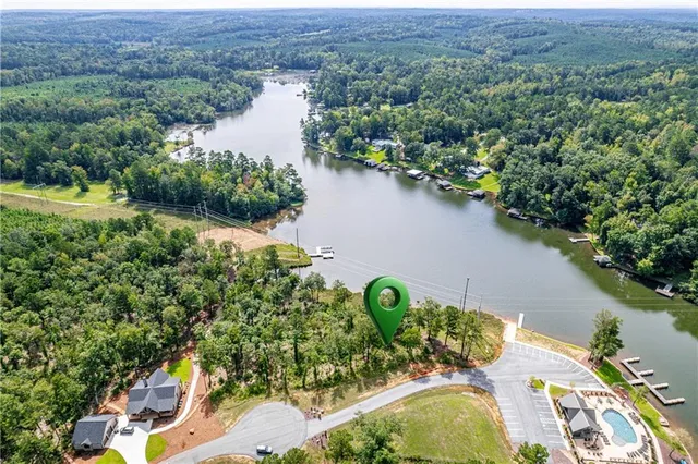 an aerial view of lake residential houses with outdoor space and trees