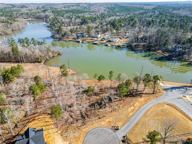 an aerial view of a house with a lake view