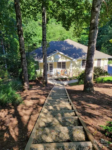 a view of a yard with plants and a large tree