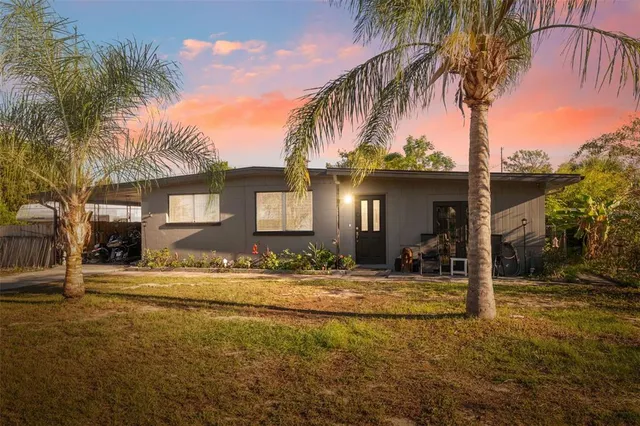 a view of a house with small yard and palm trees