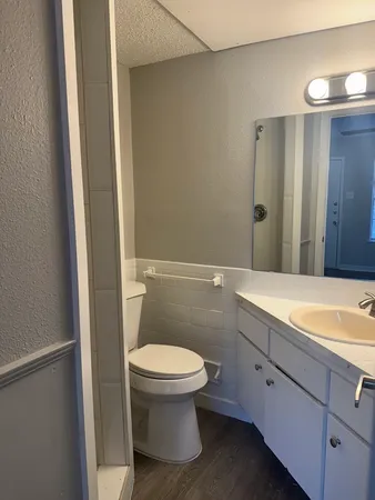 a bathroom with a granite countertop toilet and a sink