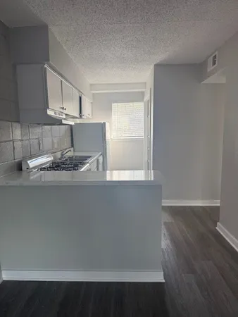 a kitchen with a sink wooden floor and cabinets