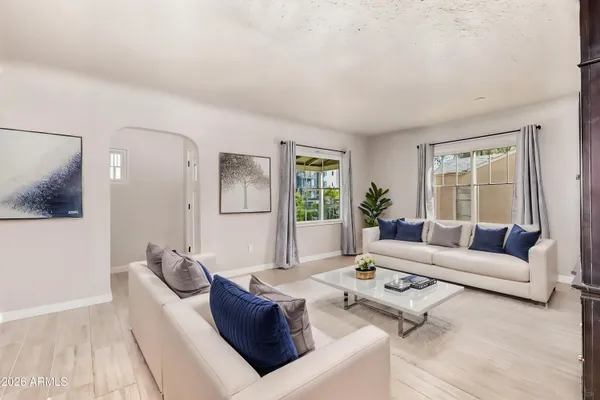 a living room with furniture a rug potted plant and a window