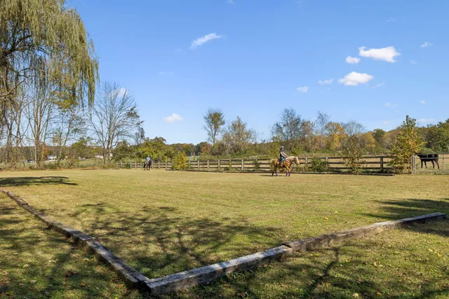 a backyard of a house with lots of green space and fountain