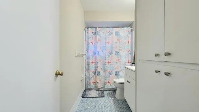 a bathroom with a shower curtain and a toilet