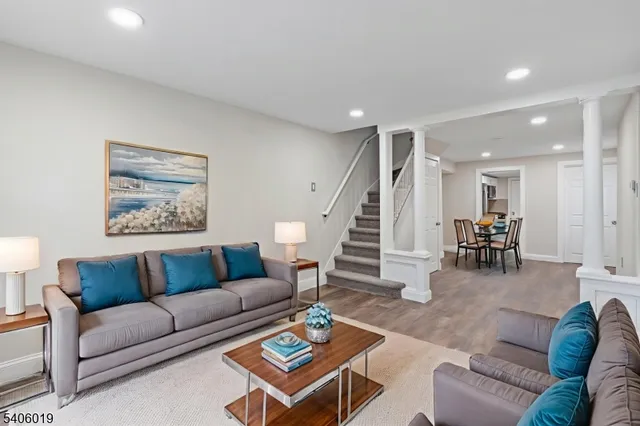 a view of a park with large trees