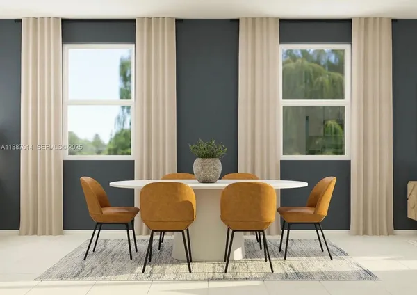 a view of a dining room with furniture window and outside view