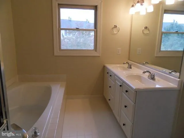 a bathroom with a double vanity sink mirror and bathtub