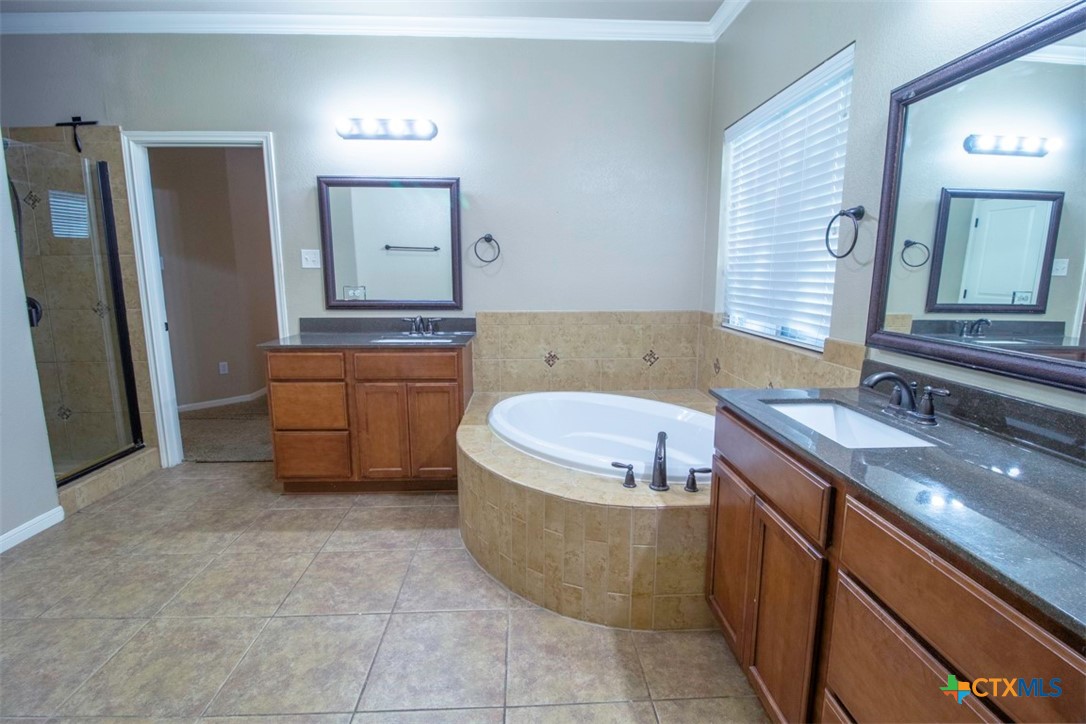 7022 Valley Mist Drive Temple, TX 76502 - Photo 23 of 36 a bathroom with a granite countertop bathtub sink and mirror