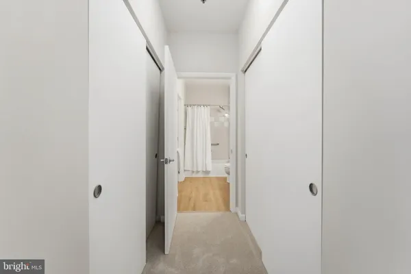 a view of hallway with closet and natural light