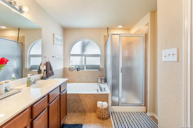 a bathroom with a sink a mirror and a shower