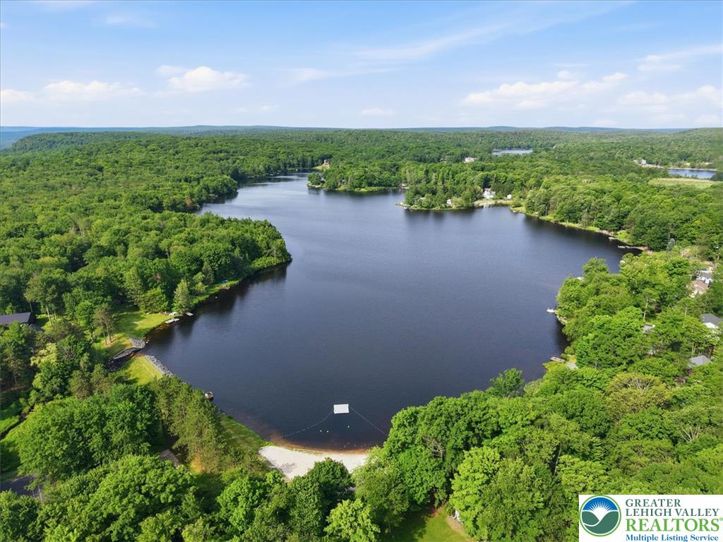 143 Logger Road Canadensis, PA 18325 - Photo 25 of 32 An aerial perspective reveals a serene lake nestled amongst a verdant forest, showcasing a private sandy beach.